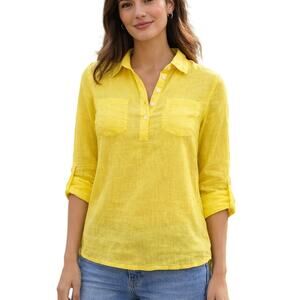 Boden Yellow Linen Cotton Blouse Size 4 Button Front Roll Tab Sleeve Top